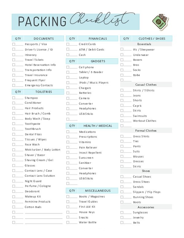 Printable Winter Travel Checklist Template Sample