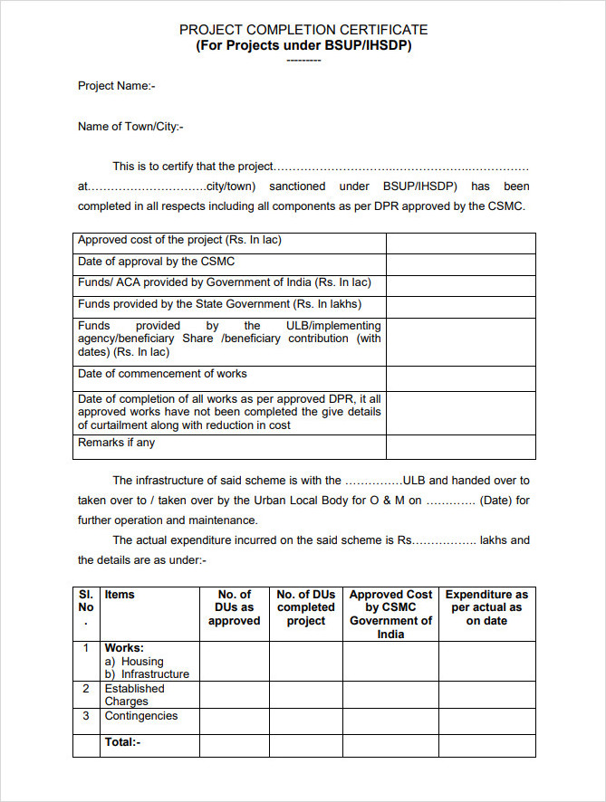 Project Work Completion Certificate Template