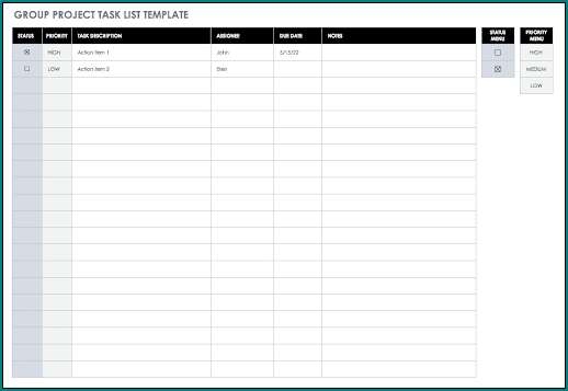 Project task List Template Excel Sample