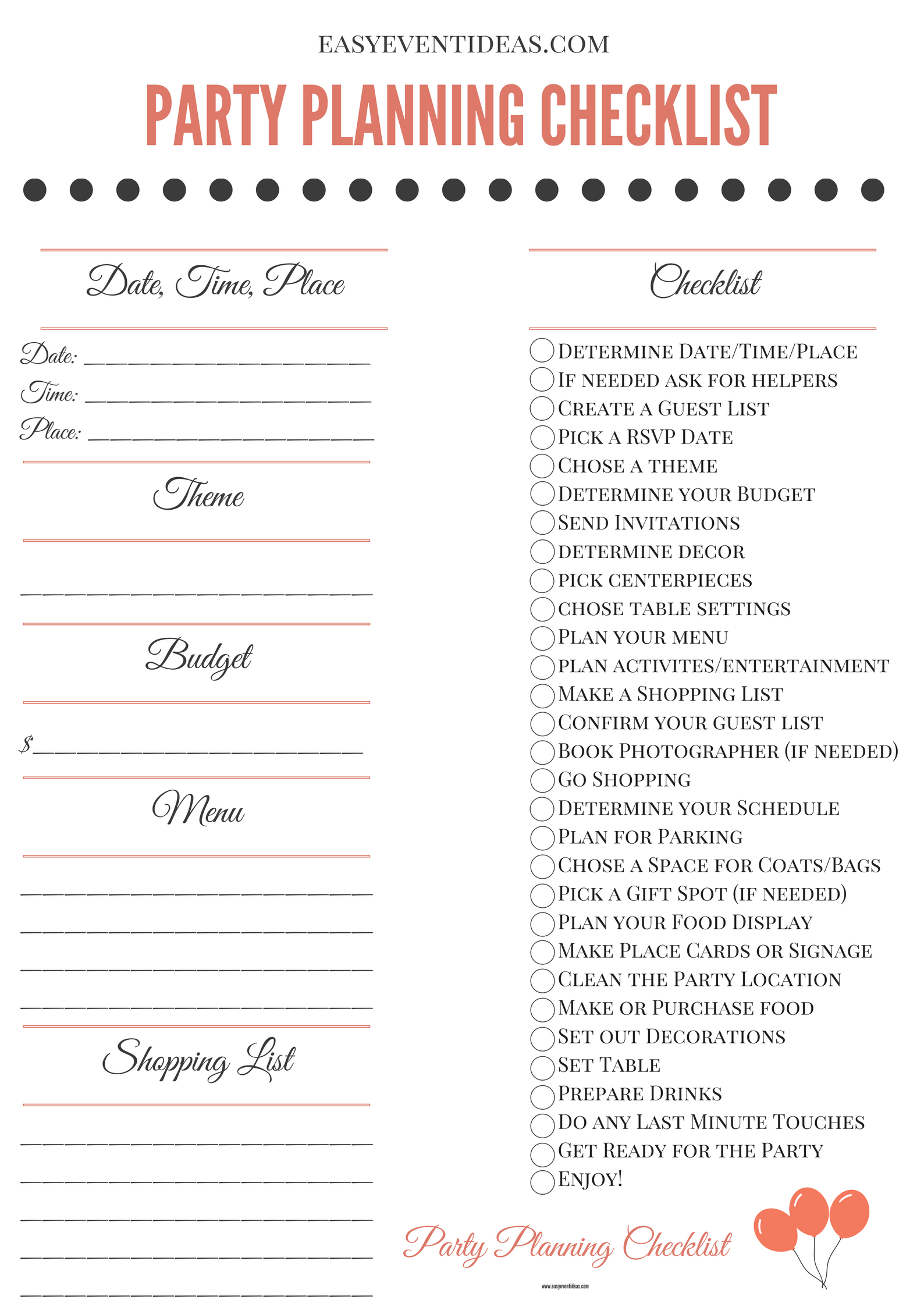 Sample of Bachelorette Party Planning Template