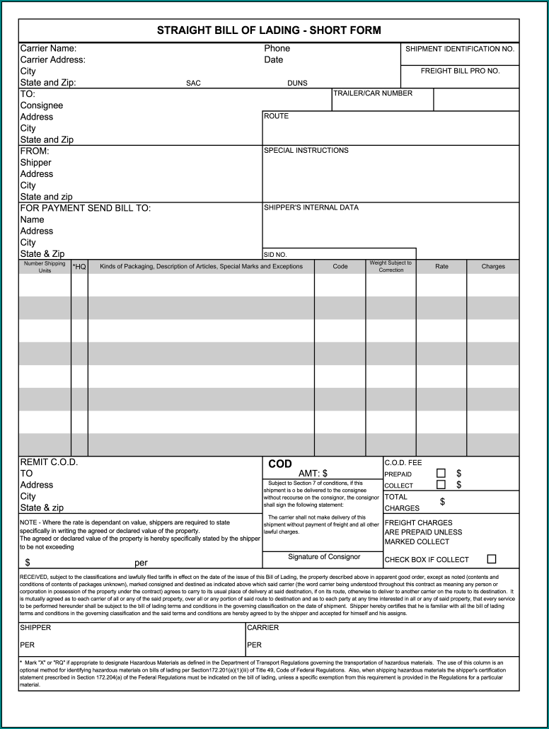 Sample of Bill Of Lading Template Word