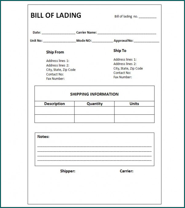 Sample of Blank Bill Of Lading Form