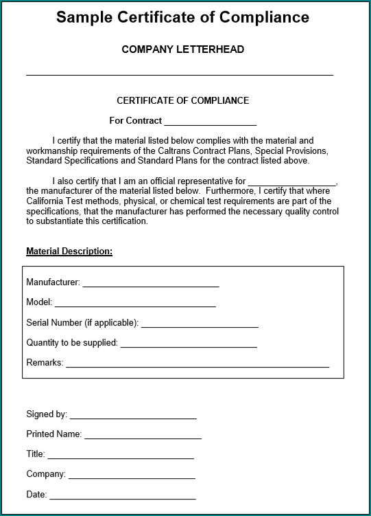Sample of Certificate Of Compliance Template