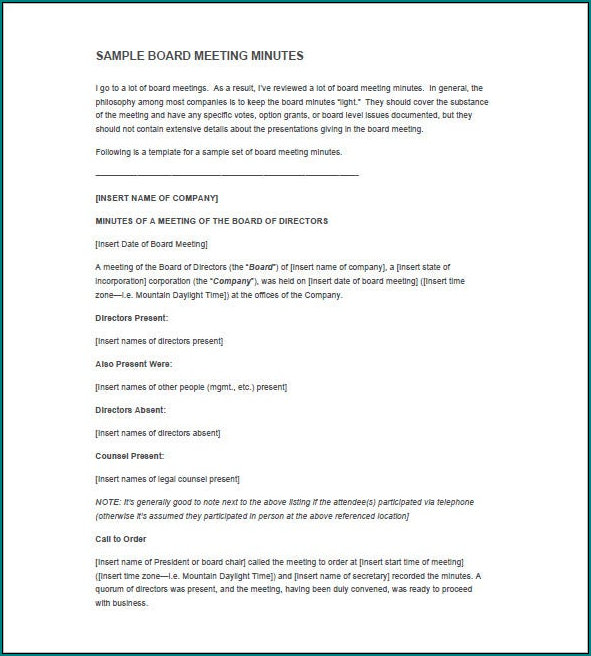 Sample of Corporate Minutes Template Word