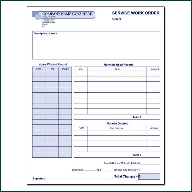 Sample of Custom Work Order Form