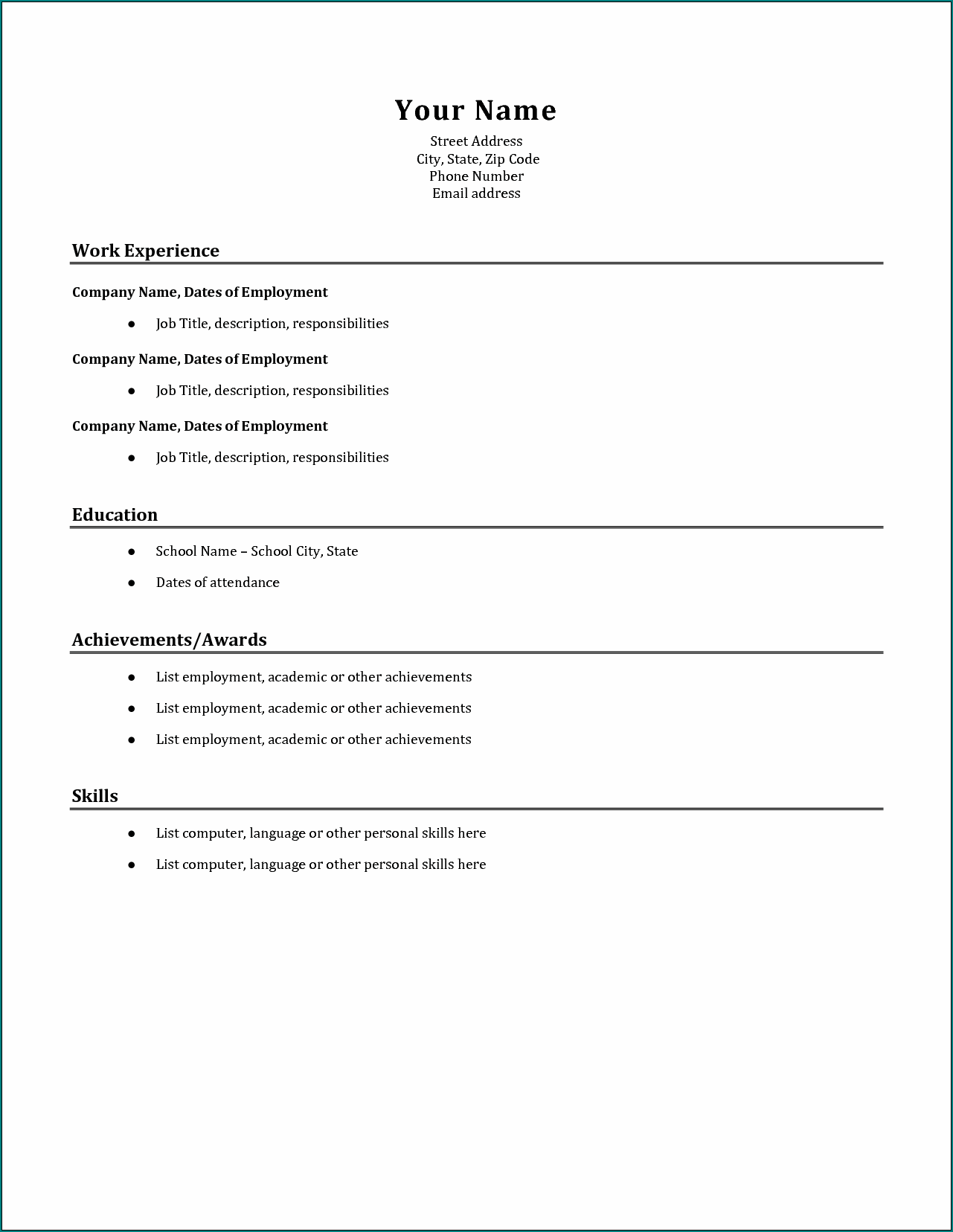 Sample of Easy Resume Template