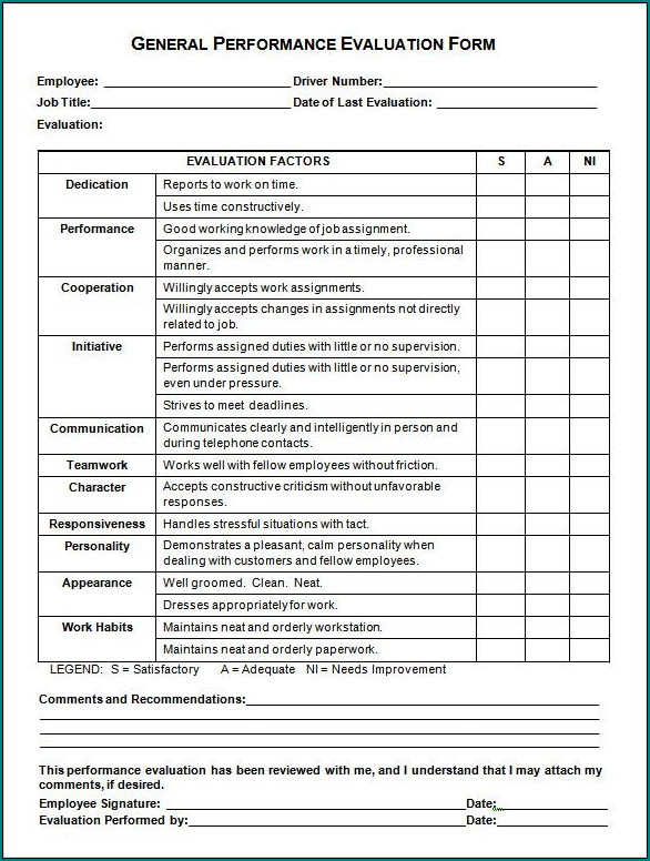 Sample of Employee Performance Evaluation Form