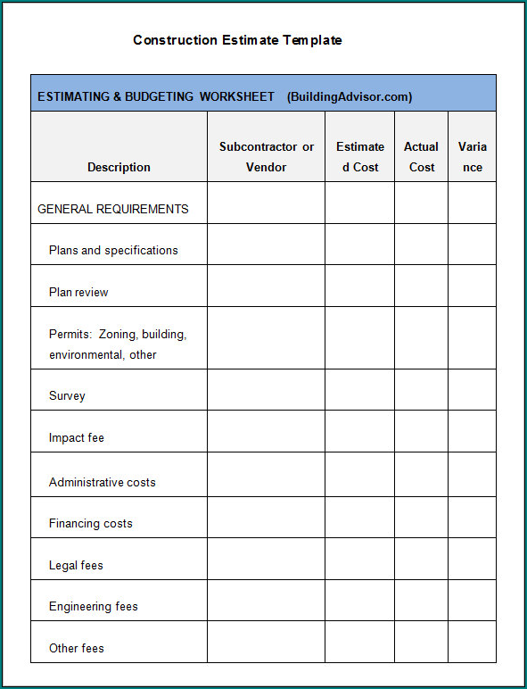 Sample of Estimate Sheets For Contractors