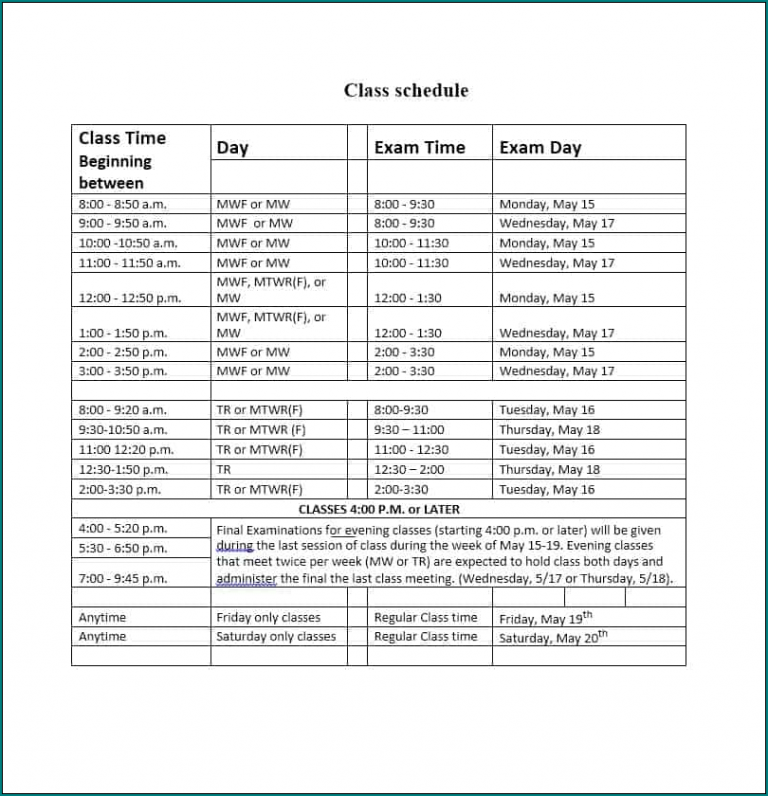 microsoft excel class schedule template