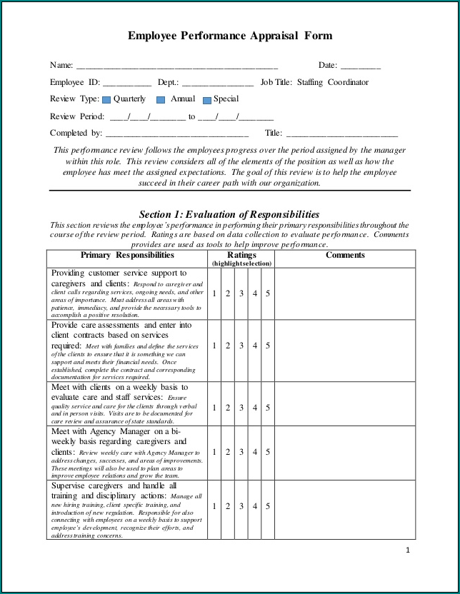 Sample of Performance Evaluation Form