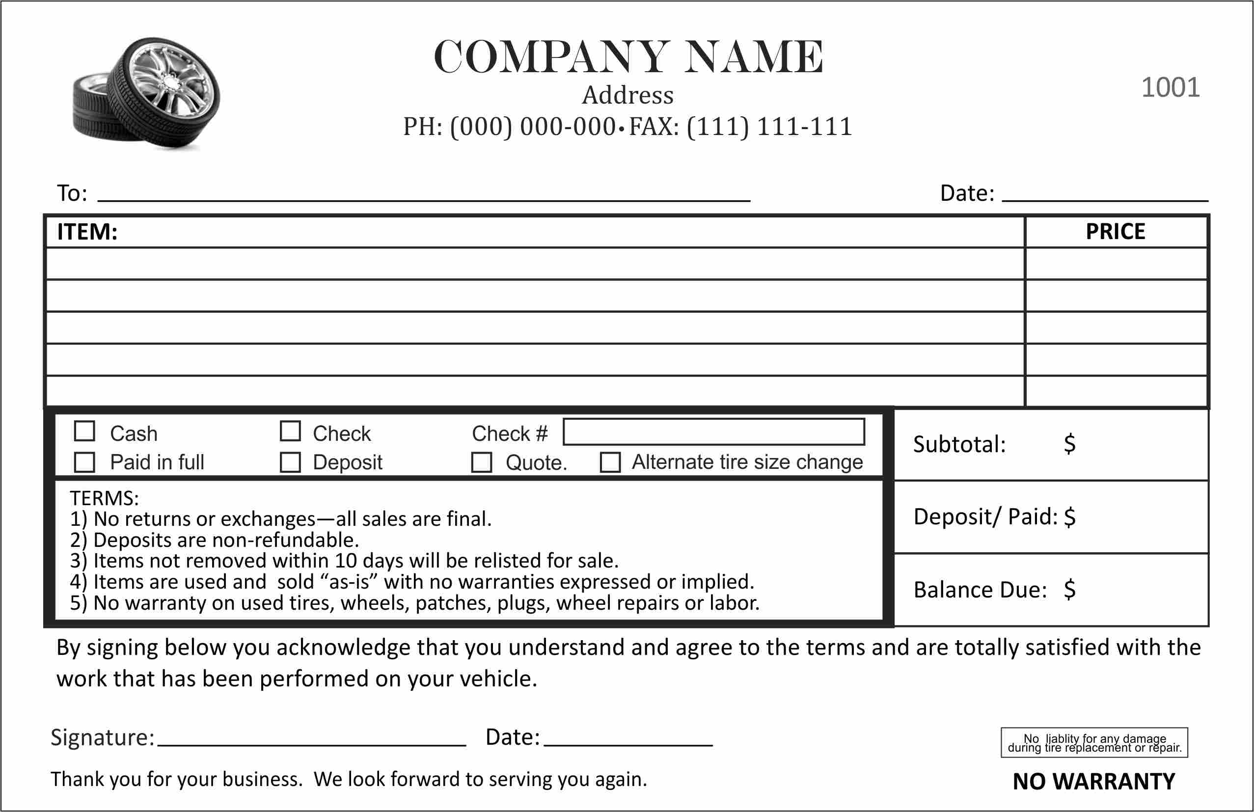 Sample of Printable Tire Receipt Template