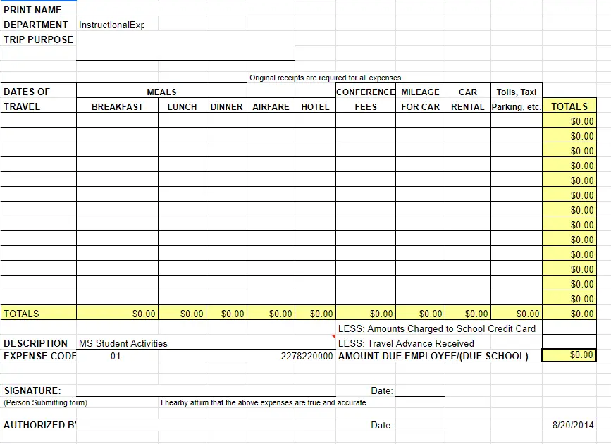 Sample of Printable Travel Expense Calculator Template