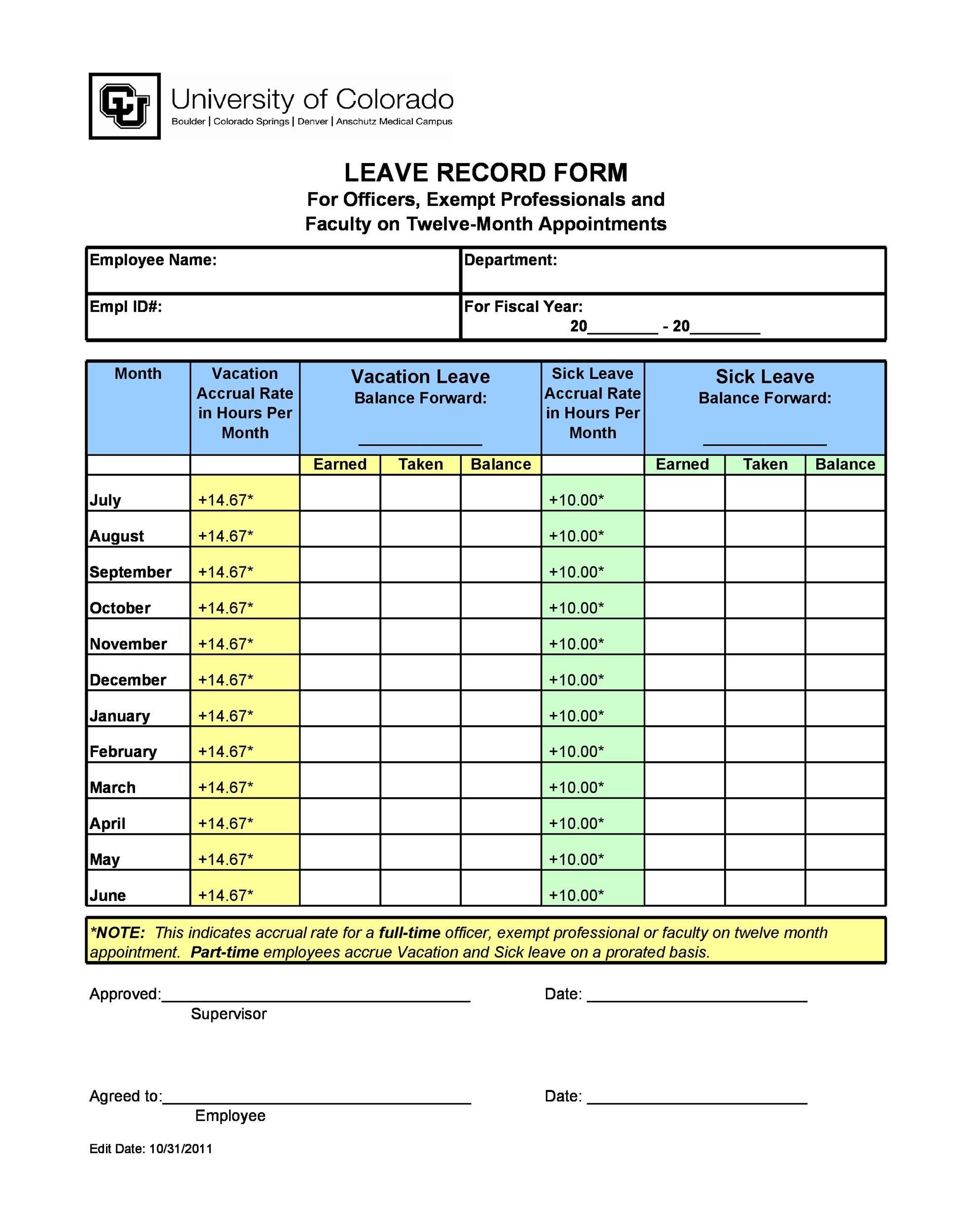 Sample of Printable Vacation and Leave Tracker Template