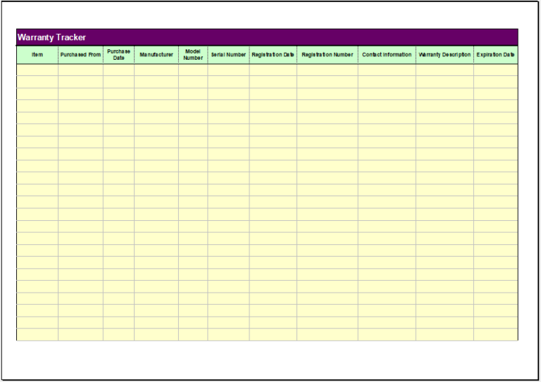 Sample of Printable Warranty Tracker Template