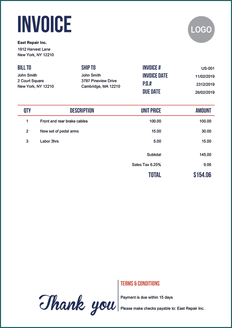Sample of Professional Invoice Template