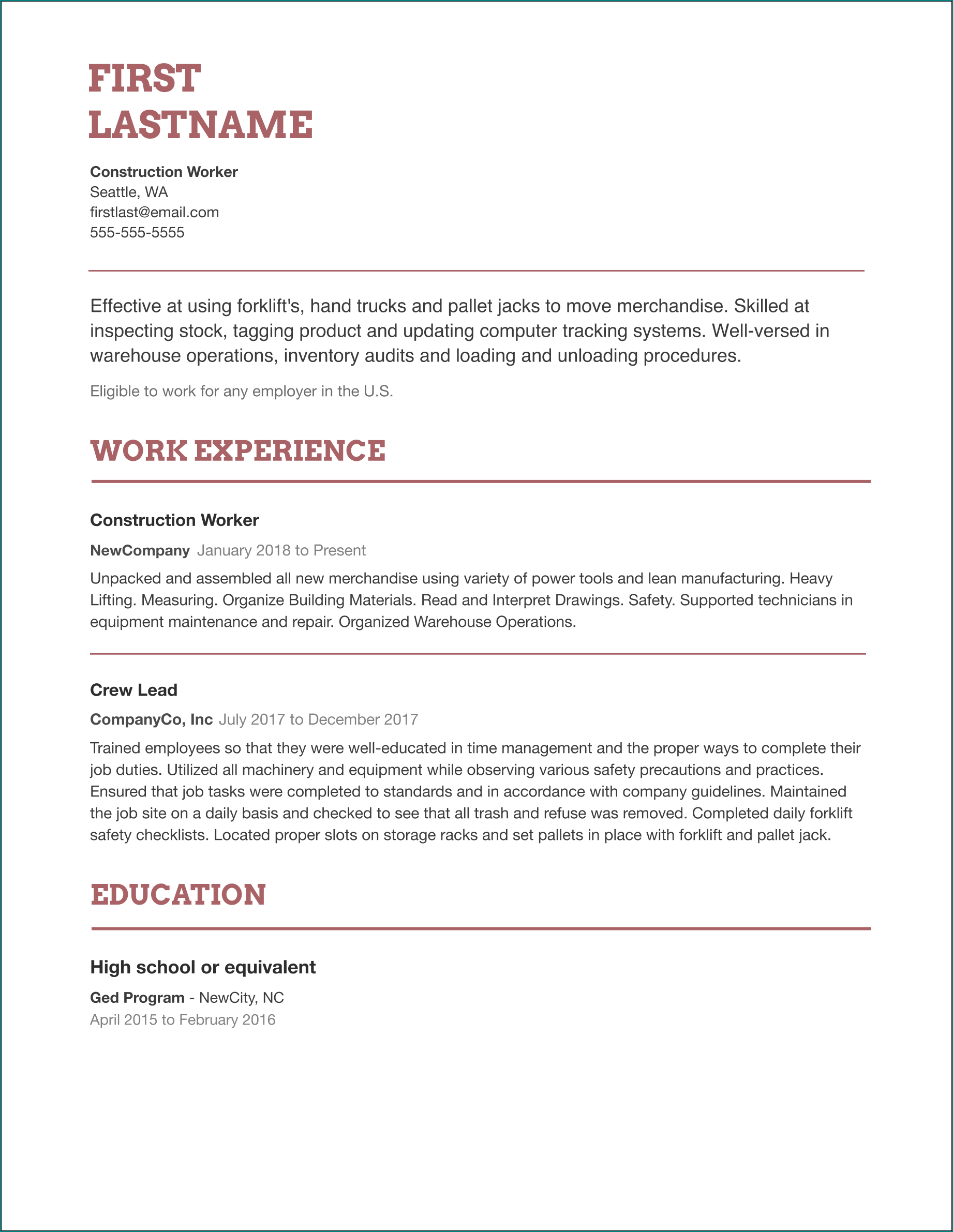 Sample of Professional Resume Template
