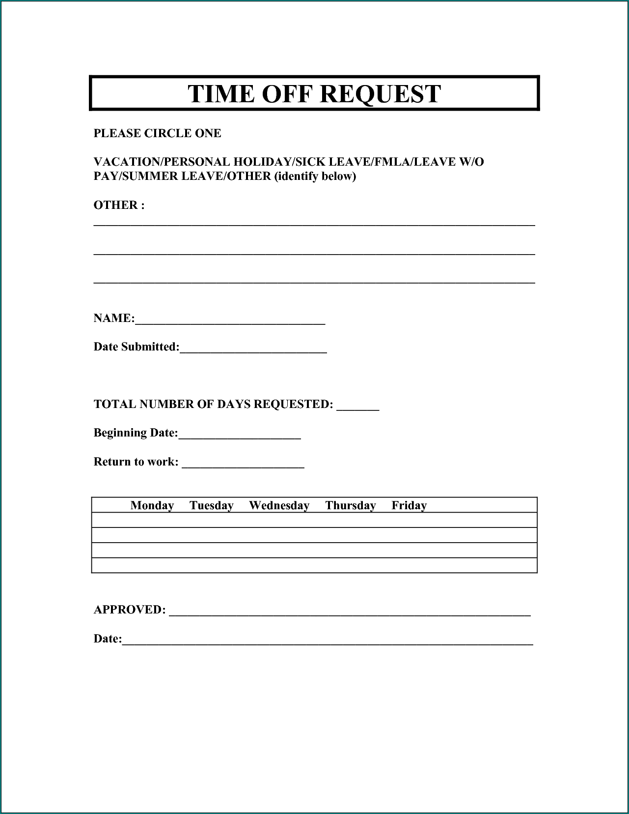 Sample of Request For Time Off Form