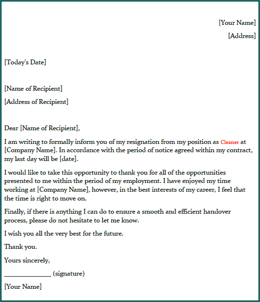 Sample of Resignation Letter Template