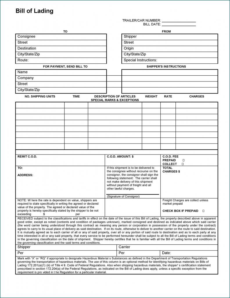 》Free Printable Straight Bill Of Lading Template