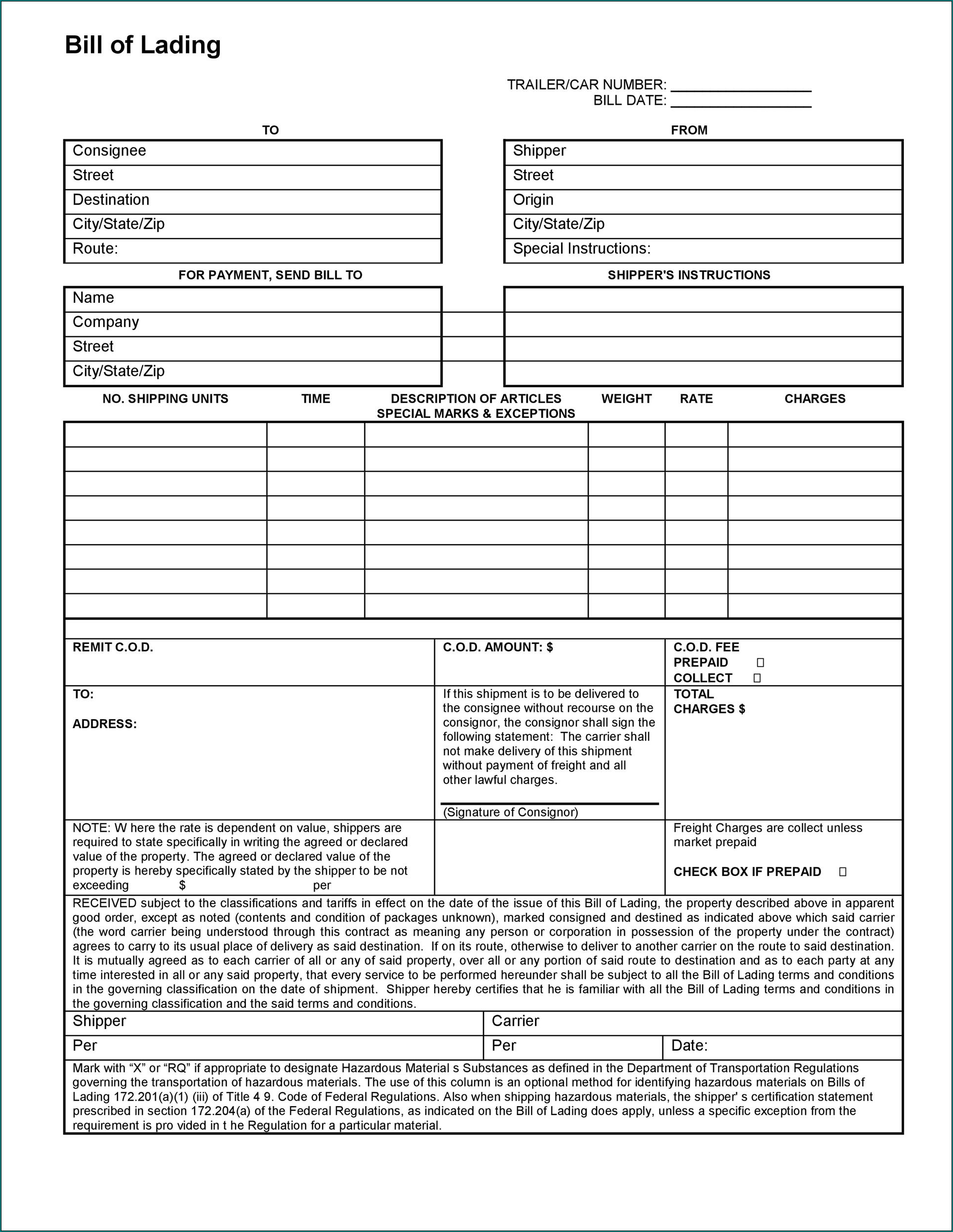 Sample of Straight Bill Of Lading Template