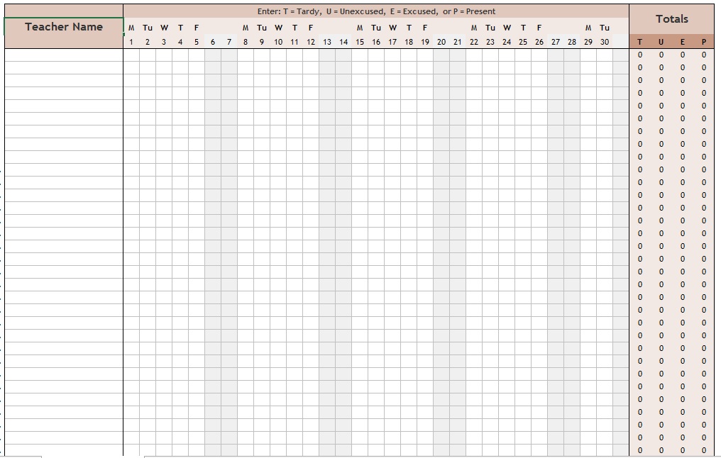 Sample of Teacher Attendance Sheet Template