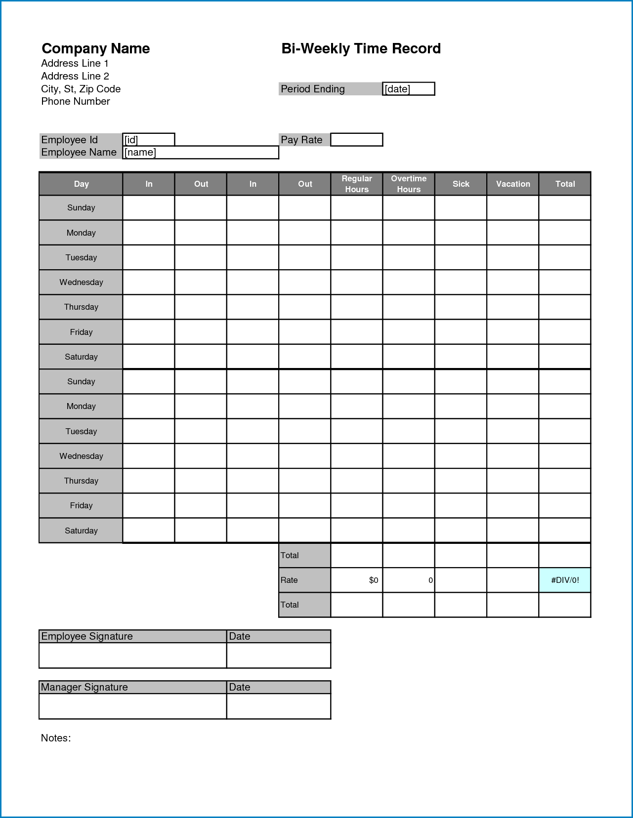 Sample of Time Card Template