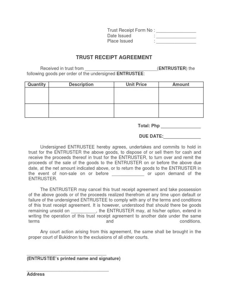 Sample of Trust Receipt Template