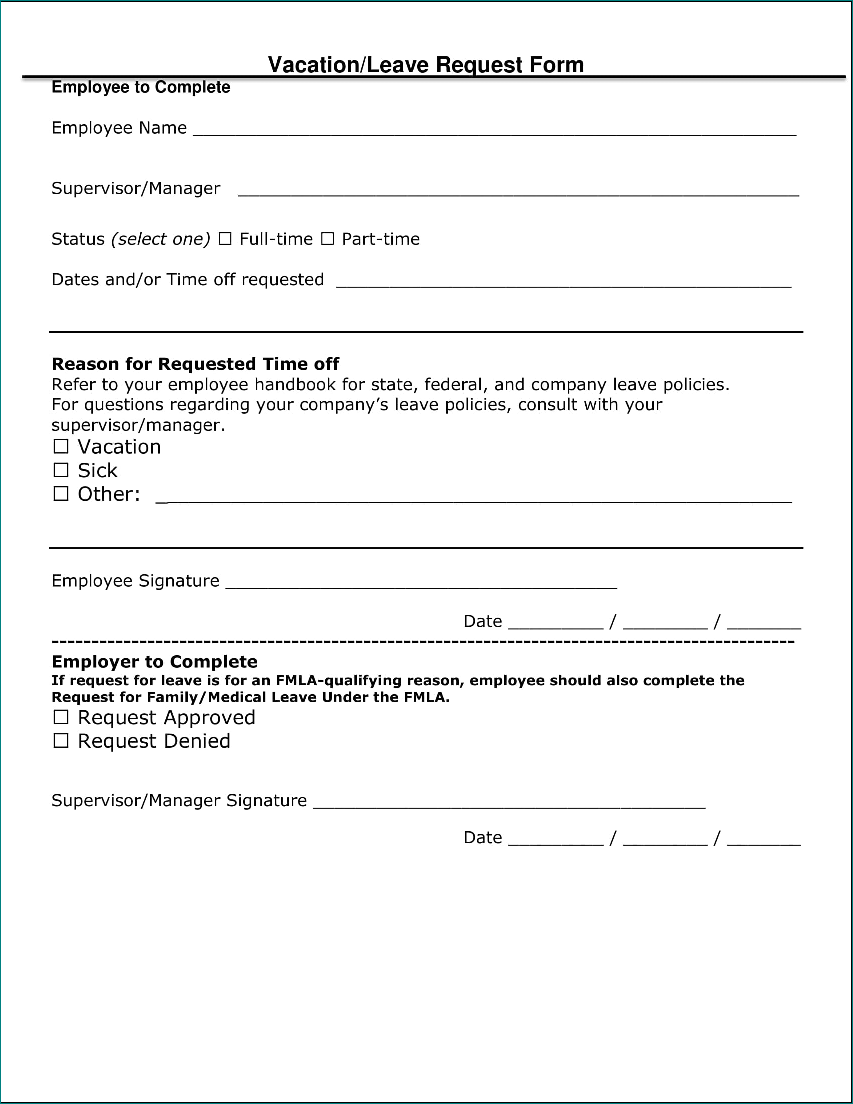 Sample of Vacation Request Form