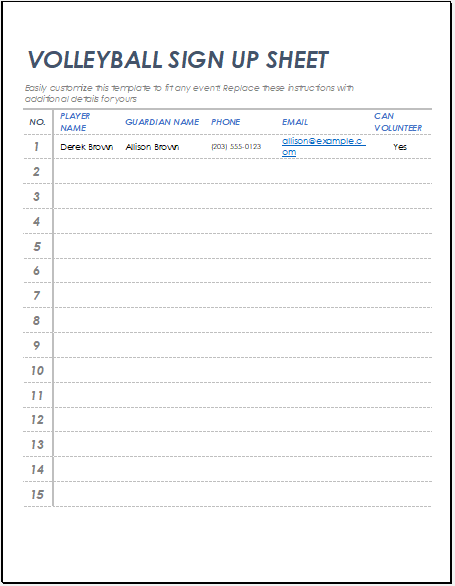 Sample of Volleyball Signup Sheet Template