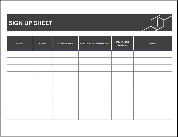 Sample of Volunteer Sign up Worksheet Template