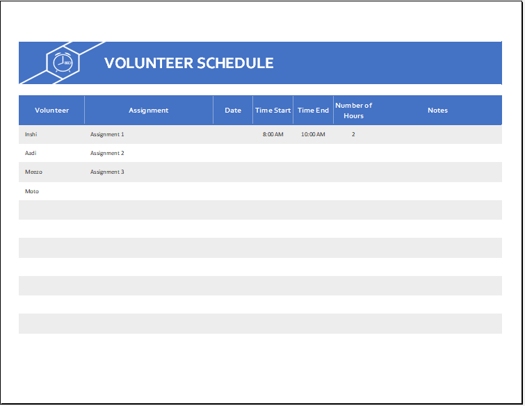 Sample of Volunteer Work Hour Schedule Worksheet Template