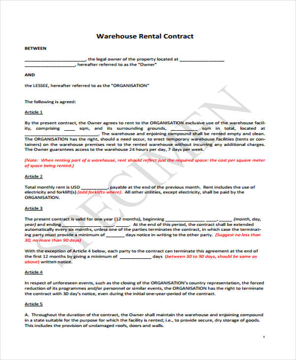 Sample of Warehouse Lease Agreement Template