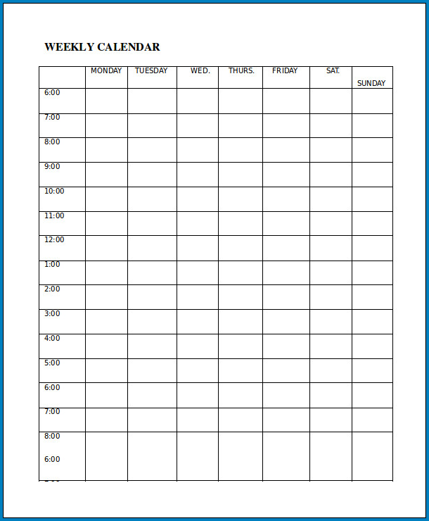 Sample of Weekly Calendar Template