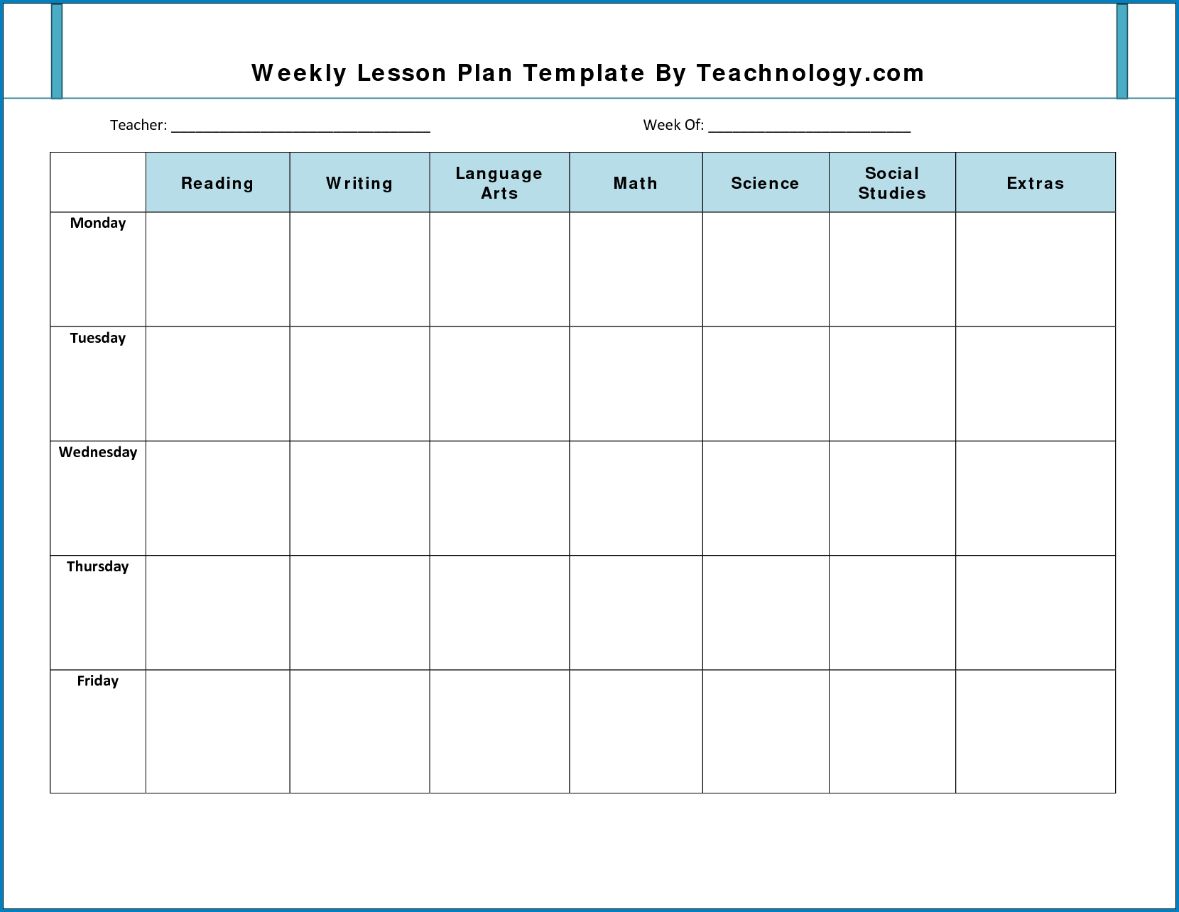 Sample of Weekly Lesson Planner Template