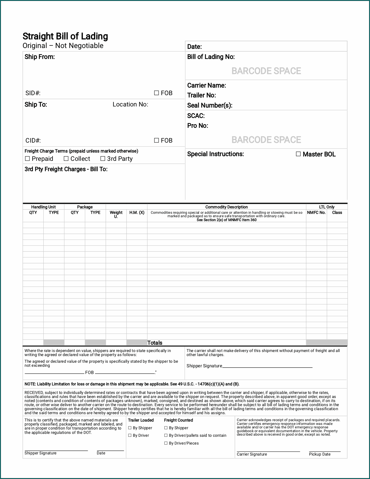 Straight Bill Of Lading Template Example