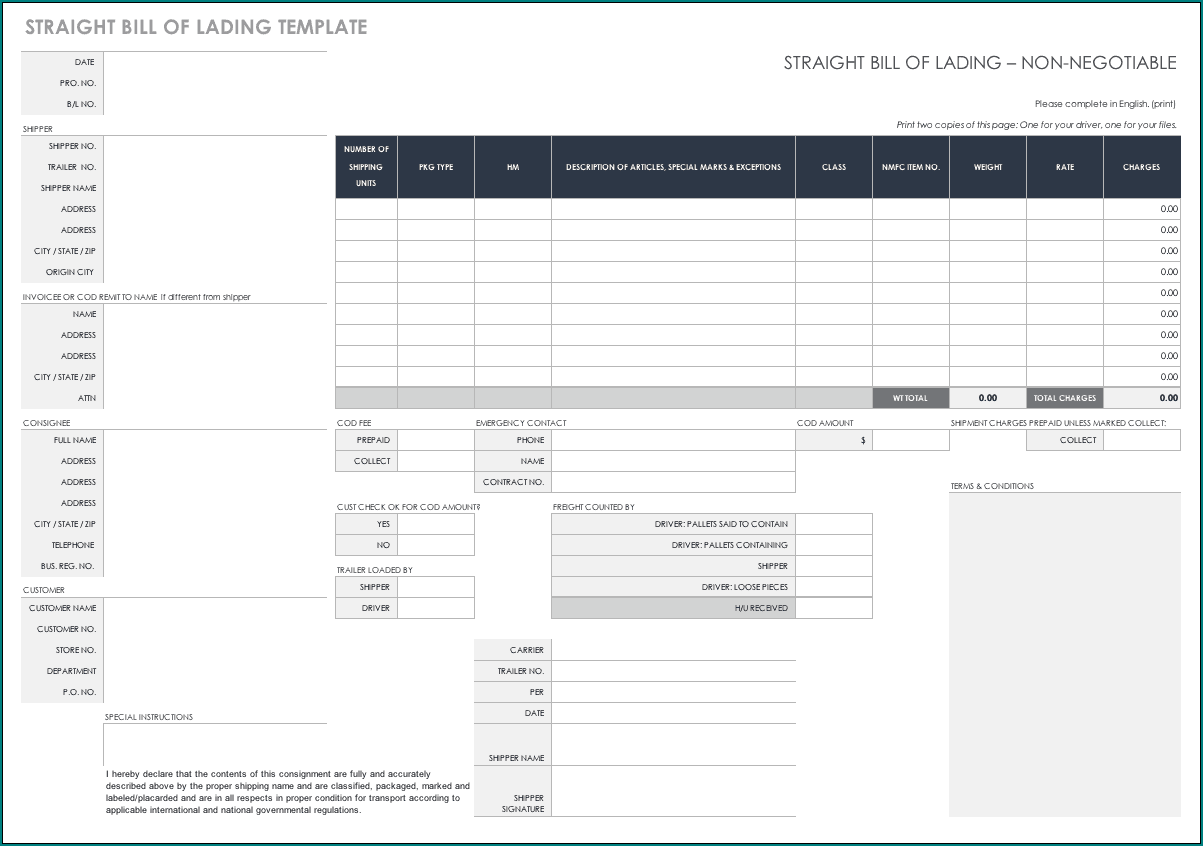 Straight Bill Of Lading Template Sample