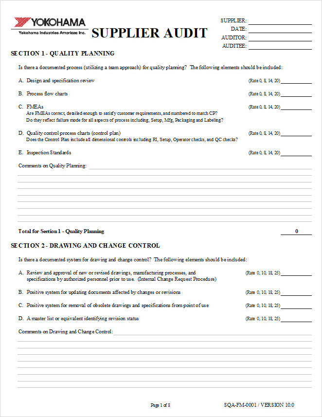 Supplier Vendor Audit Form Sample