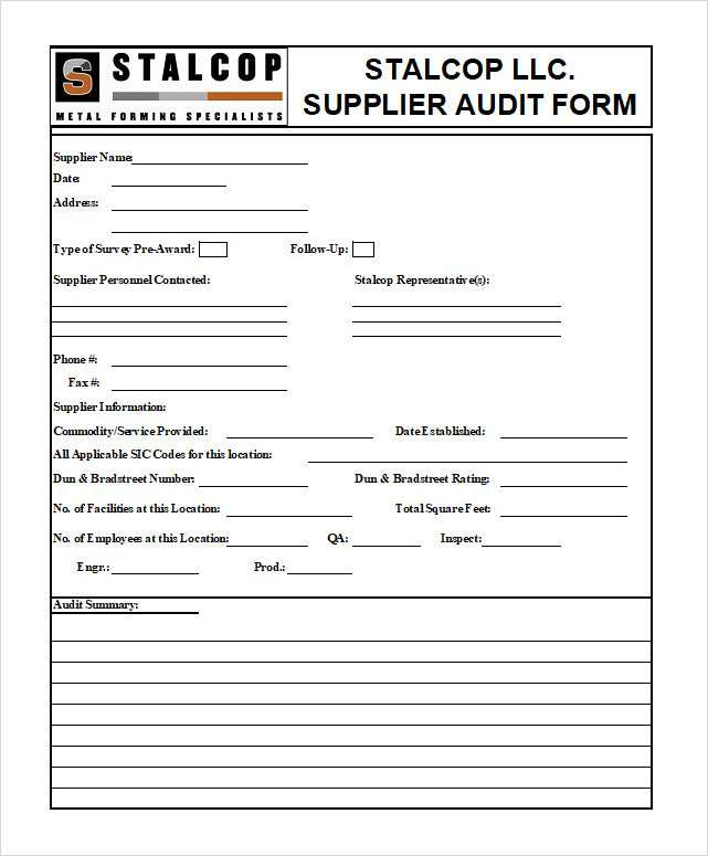 Supplier Vendor Audit Form Template Excel