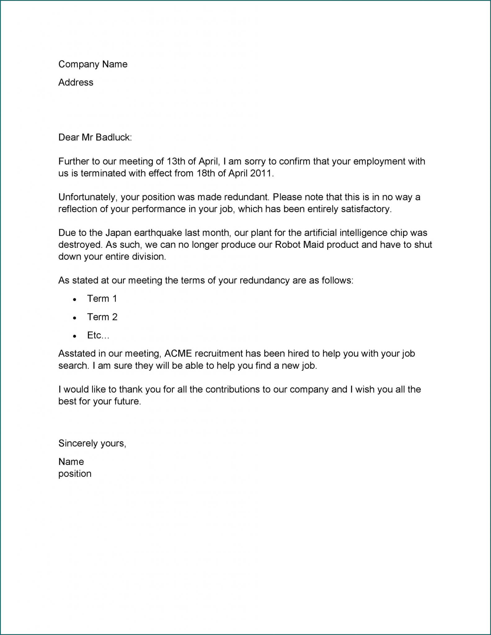 Termination Letter Template Example | Bogiolo