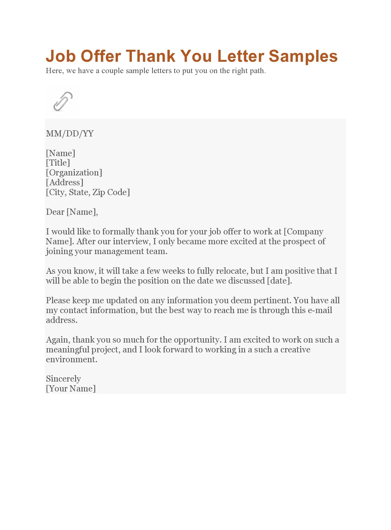 Thank You Letter Template for a Job Offer