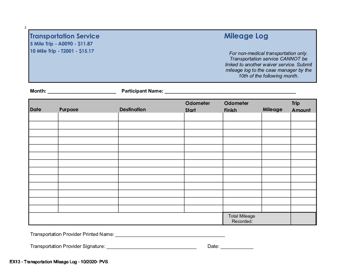 Transportation Log Template Example