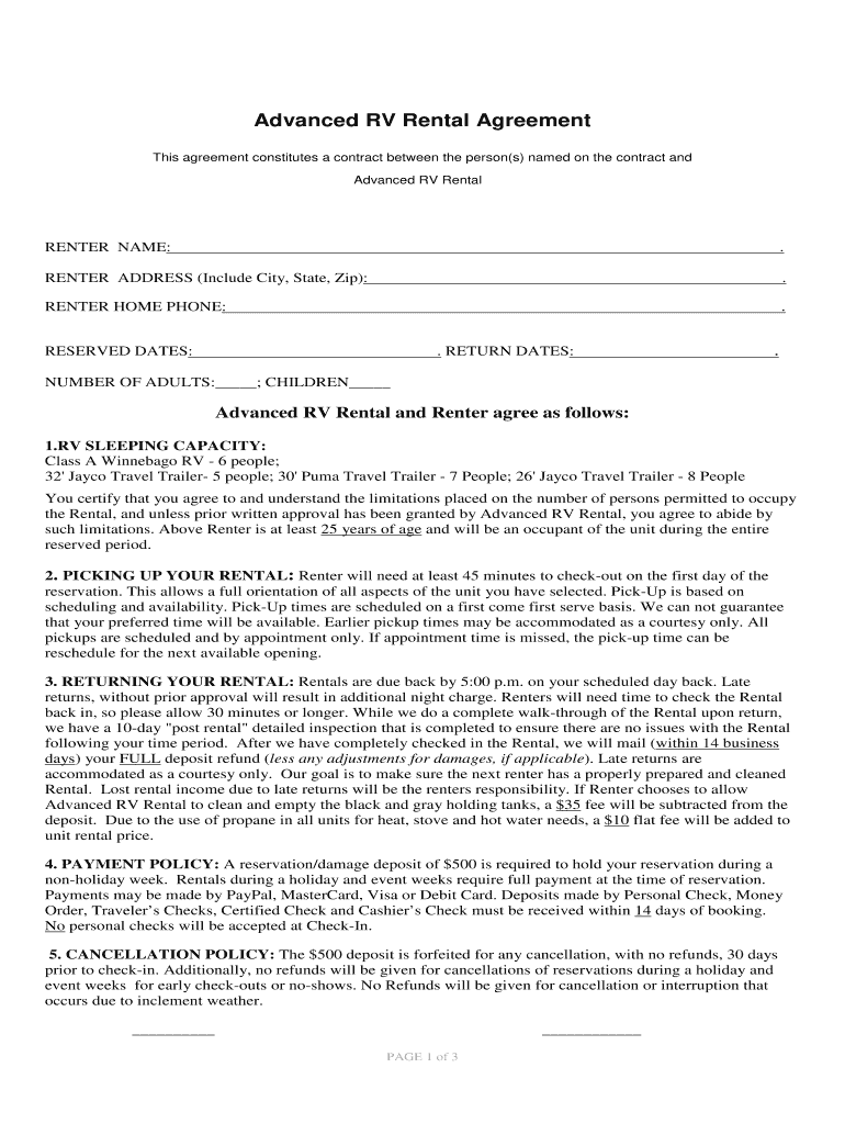 Travel Trailer Rental Agreement Template Example