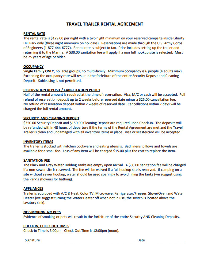 Travel Trailer Rental Agreement Template