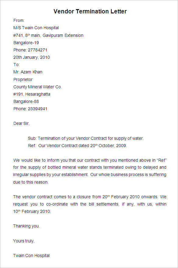 Vendor Termination Letter Template Example