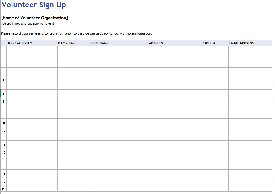 Volunteer Sign up Worksheet Template Sample