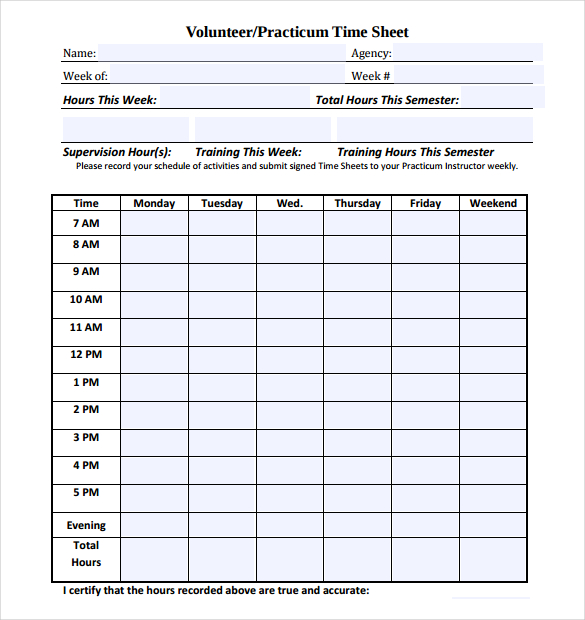 Volunteer Work Hour Schedule Worksheet Template