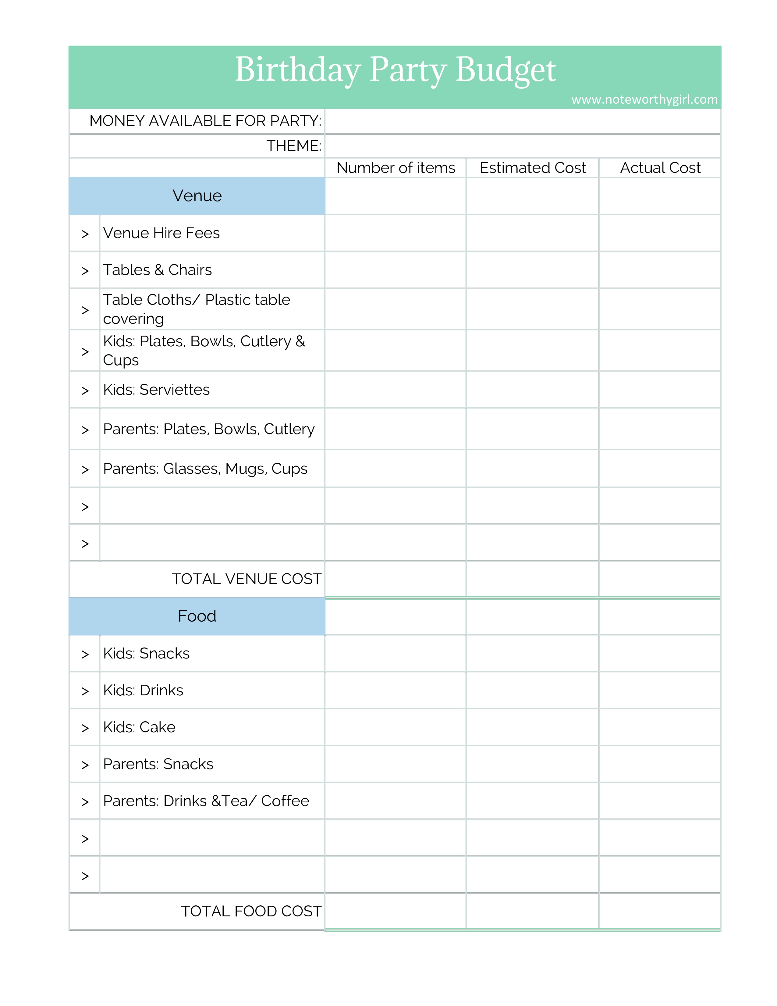 Welcome Party Budget Worksheet Template Sample