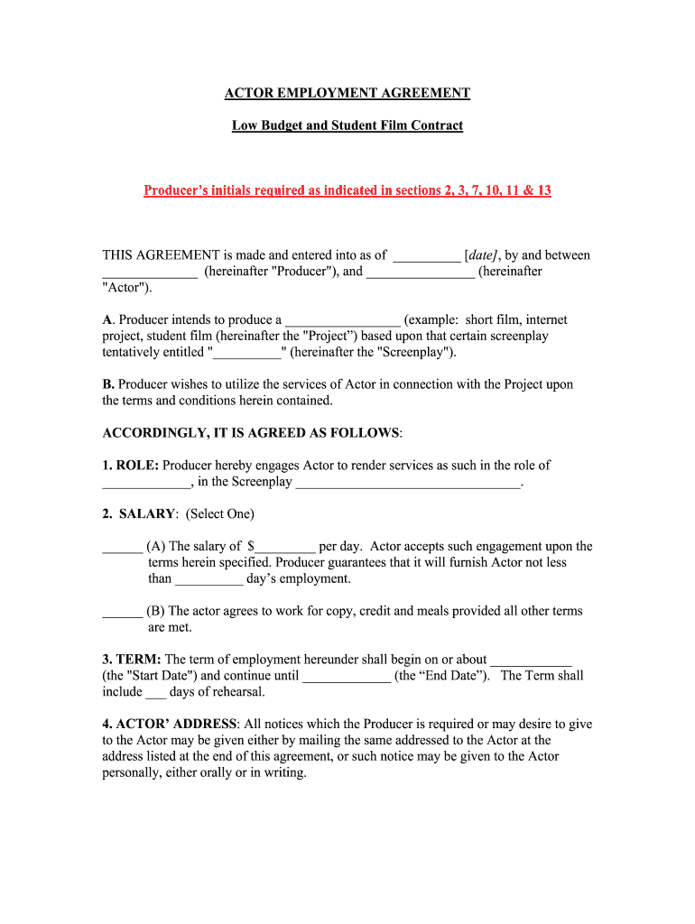 sample actor agreement template