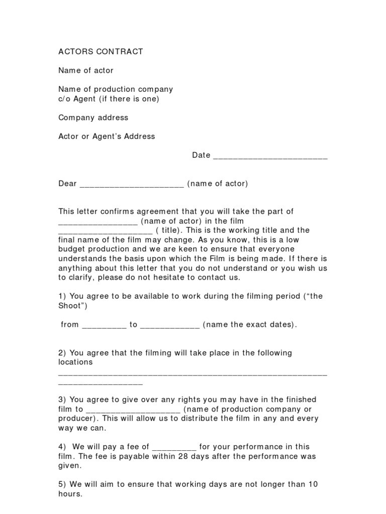 sample actor agreement template