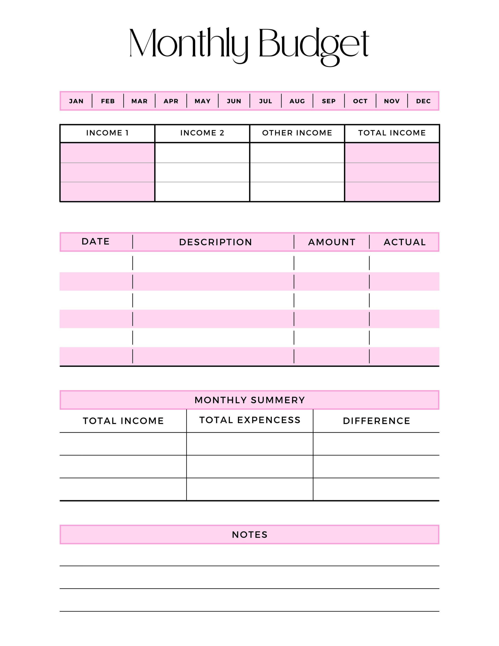 sample cute monthly budget template